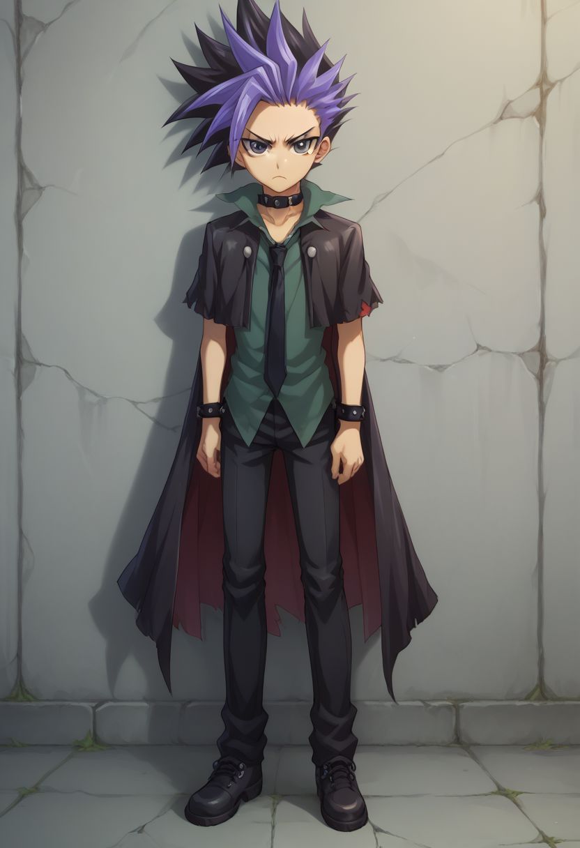 score_9, score_8_up, score_7_up, source_anime, highly detailed, 
yuto, 1boy, male focus, solo, black hair, spiked hair, multicolored hair, necktie, shirt, looking at viewer, black eyes, purple hair, collar, dyed bangs,
frown, black hair, two-tone hair, choker, bangs, coat, thorn clothes, shoes, black shoes
outdoor, wall, cracks,