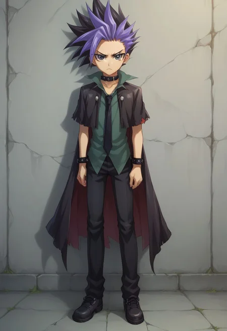 score_9, score_8_up, score_7_up, source_anime, highly detailed,
yuto, 1boy, male focus, solo, black hair, spiked hair, multicolored hair, necktie, shirt, looking at viewer, black eyes, purple hair, collar, dyed bangs,
frown, black hair, two-tone hair, choker, bangs, coat, thorn clothes, shoes, black shoes
outdoor, wall, cracks,