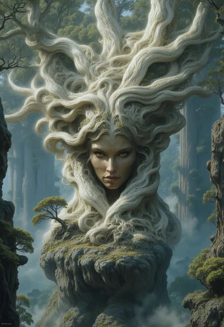 A surreal portrait of a tree goddess emerging from an ancient monolith of twisted roots and gnarled branches. Her face has high cheekbones, smooth porcelain-like skin with a soft glow, and pale, half-lidded eyes. Her long lashes and delicately arched eyebrows frame her serene expression.
Her hair seamlessly transitions into the white birch tree itself, forming a complex crown of white, intertwining branches that stretch upward. The branches have a polished, bone-like texture, curling and twisting into organic patterns. Her body is partially wrapped in bark-like tendrils that spiral around her torso, forming an intricate natural gown that blends into her surroundings.
Below her, a massive, weathered white birch tree trunk extends downward, with thick, gnarled roots twisting into the mist-covered ground. Small, bonsai-like trees sprout from rocky outcroppings embedded within the root system, their tiny leaves adding contrast against the pale landscape.
A dense mist blankets the lower part of the scene, partially obscuring the roots and drifting through the air. In the background, enormous ancient trees with skeletal branches rise through the fog, their silhouettes fading into the distance. The entire image is enveloped in a muted, desaturated color palette of soft whites, cool grays, and subtle earthy greens.
The composition presents her as seamlessly integrated with the massive tree, appearing both as a living figure and an extension of the forest itself.
