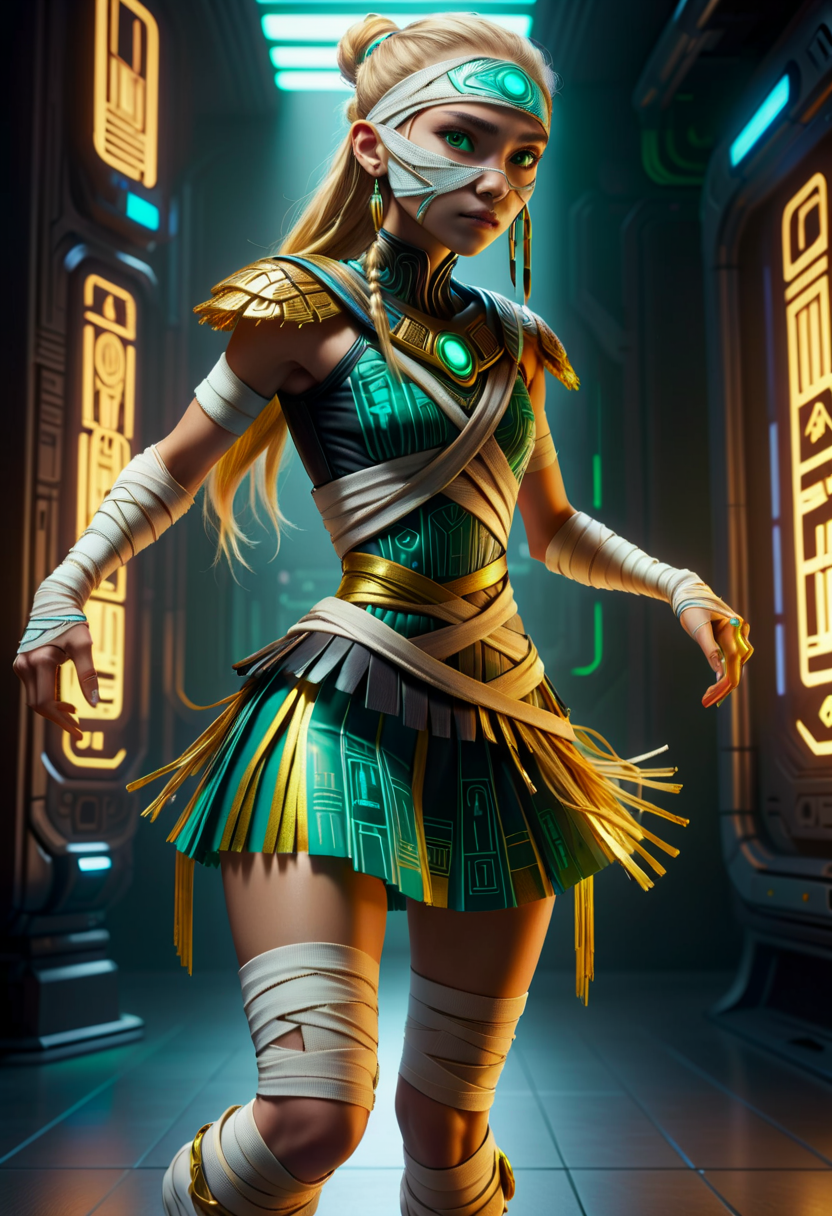 hyper detailed masterpiece, dynamic, awesome quality, female nanomedicine researcher,  young adult, sinewy, inuit, green eyes, normal ears,  protruding chin, strong jaw,  straight forehead,  unique body art,   , golden blonde boho waves hair, cry, augmented stride, character walks confidently with one foot forward, head slightly tilted, and eyes focused on a virtual display only they can see,  wearing  nanofiber fringe skirt,  nanofiber fringe skirt, cyber-silk ballet flats,  , plasma-infused flex, character flexes their arms, showcasing plasma-infused muscles and emitting a faint glow, futuristic energy signatures, a cyberpunk rebellion against the ai oppressors, post-cyberpunk, wrapped in bandages <lora:DonMM00m13sXL:1>