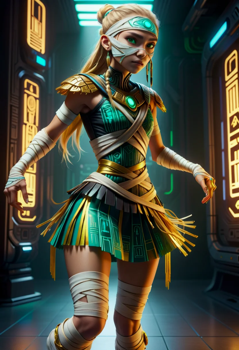 hyper detailed masterpiece, dynamic, awesome quality, female nanomedicine researcher, young adult, sinewy, inuit, green eyes, normal ears, protruding chin, strong jaw, straight forehead, unique body art, , golden blonde boho waves hair, cry, augmented stride, character walks confidently with one foot forward, head slightly tilted, and eyes focused on a virtual display only they can see, wearing nanofiber fringe skirt, nanofiber fringe skirt, cyber-silk ballet flats, , plasma-infused flex, character flexes their arms, showcasing plasma-infused muscles and emitting a faint glow, futuristic energy signatures, a cyberpunk rebellion against the ai oppressors, post-cyberpunk, wrapped in bandages <lora:DonMM00m13sXL:1>