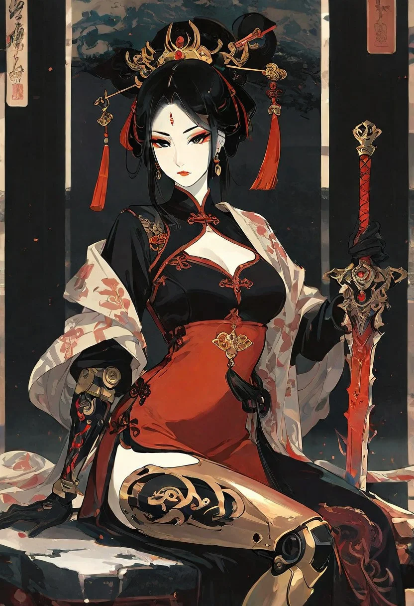 masterpiece, best quality, amazing quality, 1girl, solo, breasts, looking at viewer, black hair, long sleeves, hair ornament, gloves, dress, holding, closed mouth, sitting, weapon, earrings, black gloves, holding armor, makeup, holding sword, chinese clothes, facial mark, red dress, tassel, gem, lipstick, pale skin, multicolored clothes, eyeshadow, shawl, forehead mark, eyeliner, red lips, hair stick, mechanical arms, forehead jewel, red eyeshadow, planted, planted sword, updo, tassel hair ornament, mechanical legs, Cinematic Lighting, ukiyo-e