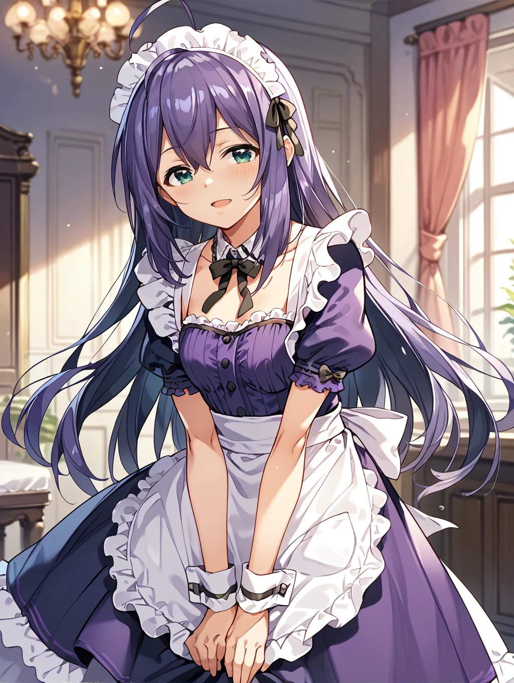 score_9,score_8_up,score_7_up,
official art,official style,game cg,megami magazine,
uncensored,
1girl,solo,
mochizuki anna,purple hair,green eyes,ahoge,
purple dress,maid headdress,maid,
<lora:idolmaster_mochizuki_anna_pony_v1:1>,