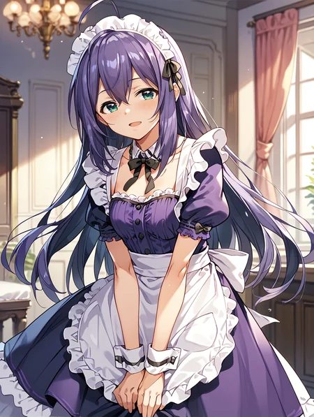 score_9,score_8_up,score_7_up,
official art,official style,game cg,megami magazine,
uncensored,
1girl,solo,
mochizuki anna,purple hair,green eyes,ahoge,
purple dress,maid headdress,maid,
<lora:idolmaster_mochizuki_anna_pony_v1:1>,