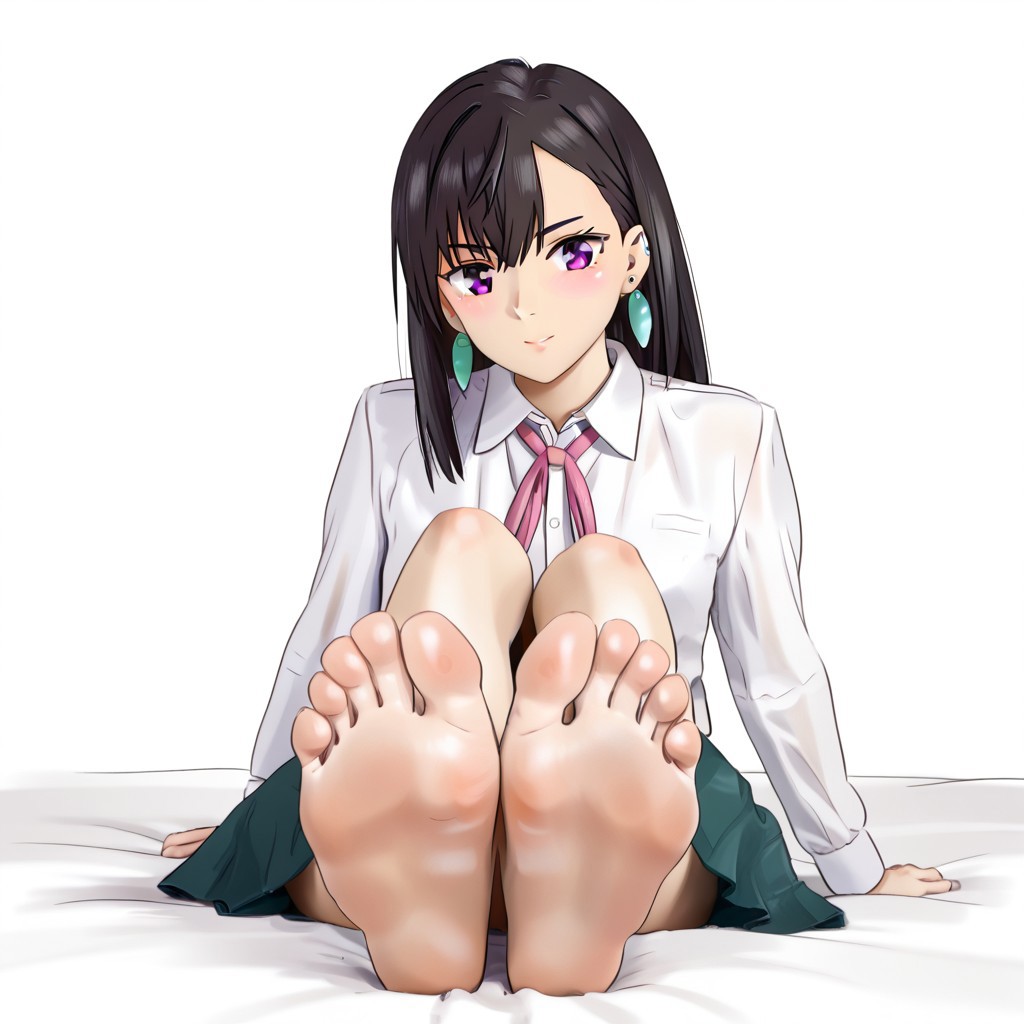 ayase momo, dress shirt, pleated skirt, earrings, pink ribbon, bed, sitting, barefoot, soles, foot focus, close up, white background