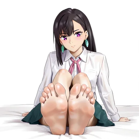 ayase momo, dress shirt, pleated skirt, earrings, pink ribbon, bed, sitting, barefoot, soles, foot focus, close up, white background