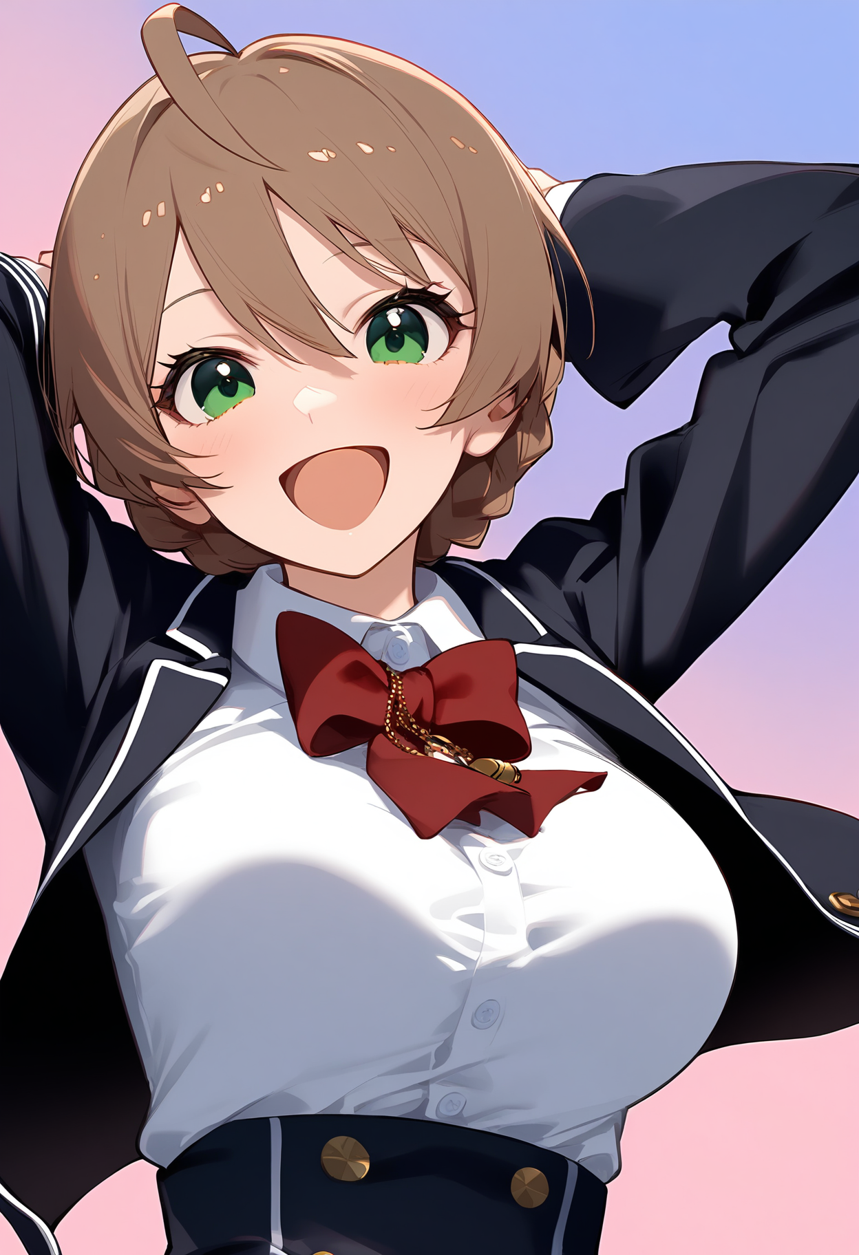 1girl,
sakuramori kaori,


ahoge, braid, blush, arms up, red bowtie, black jacket, large breasts, blue background, solo, pink background, hands on own face, smile, long sleeves, looking at viewer, short hair, jacket, two-tone background, hands on own cheeks, open clothes, bow, :d, light brown hair, shirt, dress shirt, breasts, white shirt, upper body, hair between eyes, red bow, bowtie, open mouth, open jacket, green eyes, gradient background, buttons,

sfw
<lora:a31_char_new_sakuramori_kaori-000018:1> <lora:a31_style_koni-000010:0.8>