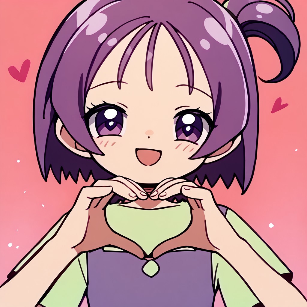 score_9, score_8_up, score_7_up BREAK Onpu1, 1girl, purple hair, bob cut, ponytail, purple eyes, sleeveless purple dress, short-sleeve light green shirt, cowboy shot, open mouth smile, heart hands,