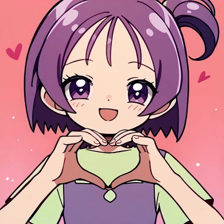score_9, score_8_up, score_7_up BREAK Onpu1, 1girl, purple hair, bob cut, ponytail, purple eyes, sleeveless purple dress, short-sleeve light green shirt, cowboy shot, open mouth smile, heart hands,