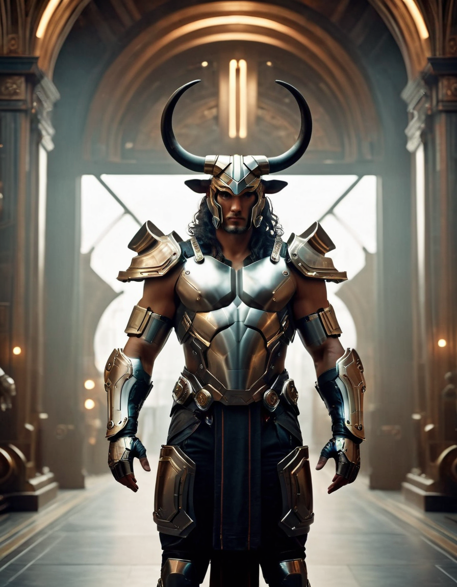 cinematic film still cinematic still fflix_mythcyber, Minotaur, horns, science fiction, armor, standing, cyberpunk, glowing . emotional, harmonious, vignette, highly detailed, high budget, bokeh, cinemascope, moody, epic, gorgeous, film grain, grainy", "fflix_mythcyber, Minotaur, horns, science fiction, armor, standing, cyberpunk, glowing, extremely detailed, digital painting, artstation, concept art, smooth, sharp focus, illustration, cinematic lighting, art by artgerm and greg rutkowski and alphonse mucha diffuse lighting, fantasy, intricate, elegant, highly detailed, lifelike, photorealistic, digital painting, artstation, illustration, concept art, smooth, sharp focus, art by John Collier and Albert Aublet and Krenz Cushart and Artem Demura and Alphonse Mucha
 <lora:fflix_mythcyber-000006:1>, , <lora:FILM_PHOTOGRAPHY_STYLE:0.25> . shallow depth of field, vignette, highly detailed, high budget, bokeh, cinemascope, moody, epic, gorgeous, film grain, grainy