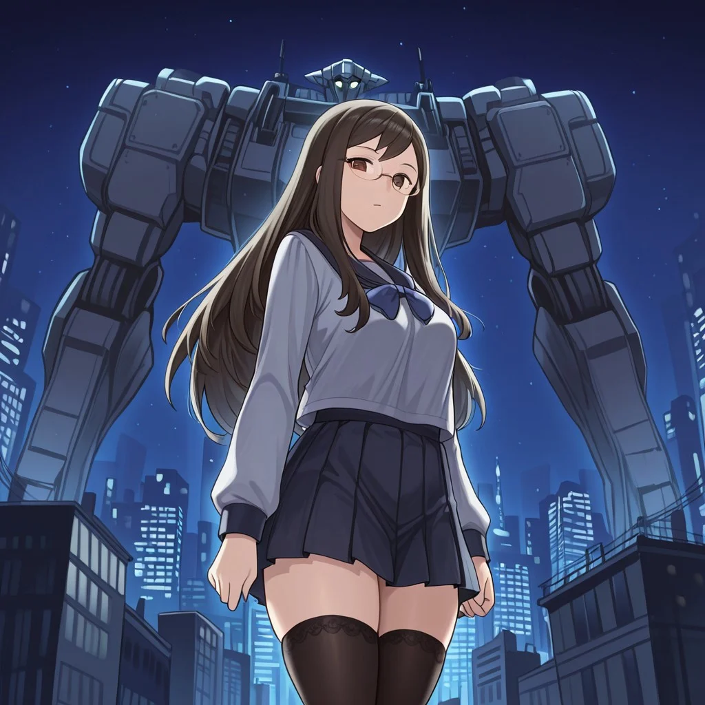 <lora:13sentinels-000020:1> yakushiji, glasses, long hair, brown eyes, serafuku, pleated skirt, zettai ryouiki,
1girl, solo, looking at viewer, giant robot, night, bright lights, skyscraper
masterpiece, best quality, h0u73ng3k1