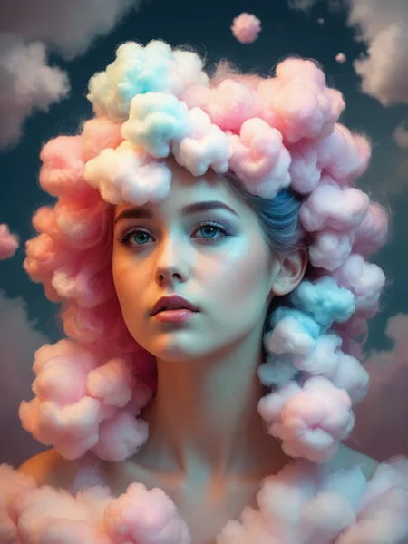a beautiful girl with cotton candy clouds as hair, surrounded by cotton candy clouds