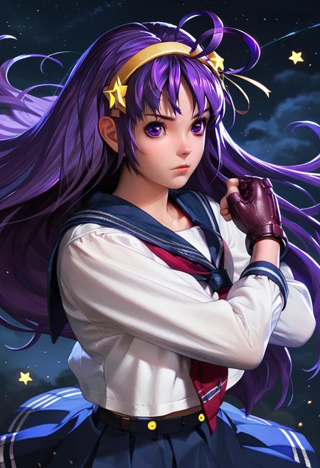 score_9_up, score_8_up, score_7_up, extreamly detailed, beautiful detailed face, complex detailed background, completely clothes, 1girl, BREAK,
ATHENA ASAMIYA, ATHENA ASAMIYA STUDENT UNIFROM, 1girl, solo, long hair, skirt, hair ornament, gloves, school uniform, purple eyes, purple hair, ahoge, hairband, serafuku, socks, fingerless gloves, star \(symbol\), star hair ornament, fighting stance