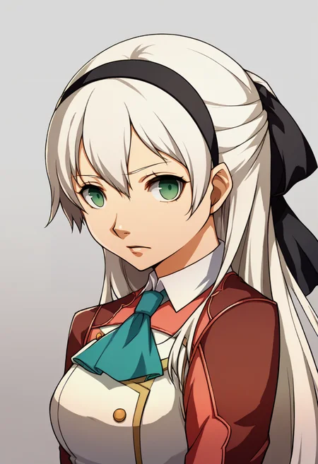 score_9, score_8_up, score_7_up, source_anime, BREAK, solo, 1girl, looking at viewer, <lora:P4-Portraits-pdxl_Fp:1>, simple background, portrait, <lora:elie-pdxl-nvwls-v1:1>, zeroElie, black hairband, hair ribbon, long hair, ascot, uniform, long red sleeves, white dress, white hair, green eyes