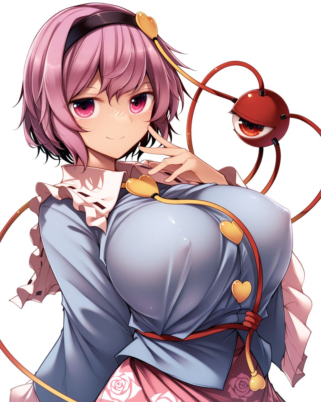 1girl, solo, komeji satori,black hairband,heart hair ornament,third eye,pink hair,pink eyes,blue shirt,floral print,rose print pink skirt, huge breasts, covered nipples, smile, midori \(misuriru8\), looking at viewer, upper body, simple background, white background, masterpiece, best quality, very aesthetic, absurdres