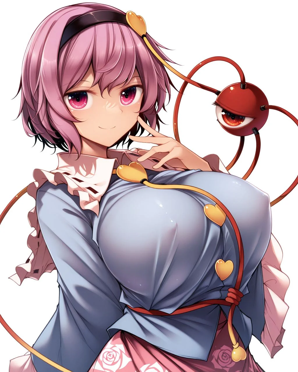 1girl, solo, komeji satori,black hairband,heart hair ornament,third eye,pink hair,pink eyes,blue shirt,floral print,rose print pink skirt, huge breasts, covered nipples, smile, midori \(misuriru8\), looking at viewer, upper body, simple background, white background, masterpiece, best quality, very aesthetic, absurdres