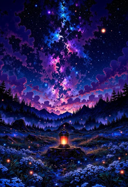Celestial Meadow – Floating Lanterns & Cosmic Sky
"A vast meadow under an endless twilight sky, where glowing flowers bloom in shades of deep blue, silver, and magenta. The grass is soft and iridescent, shifting colors as the wind moves. Floating lanterns drift through the air, casting a warm, golden glow against the deep purple and navy expanse of a sky filled with swirling galaxies and twinkling celestial bodies."
