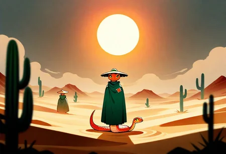 Sinoink, masterpiece, best quality, good quality, very aesthetic, absurdres, newest, duo, 3DSnakes, cute snake, woman, looking at viewer, standing, outdoors, sky, hat, cactus, mesa, sand, desert, sun, summer, scales, green cloak, Depth Of Field, Atmospheric,Wide Shot, night ,smoke, sticker, outline, flat, atmosphere, dust,