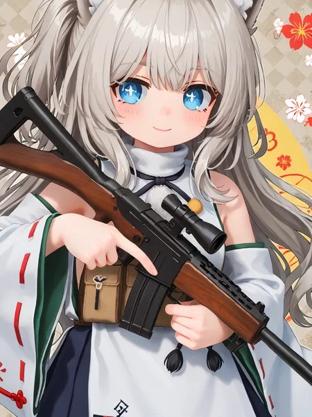 detailed background, shiny skin, posing, rating safe,
<lora:thfuto.pony:1>,
thfuto,
<lora:nanako.pony:1>,
nanako,
holding rifle,