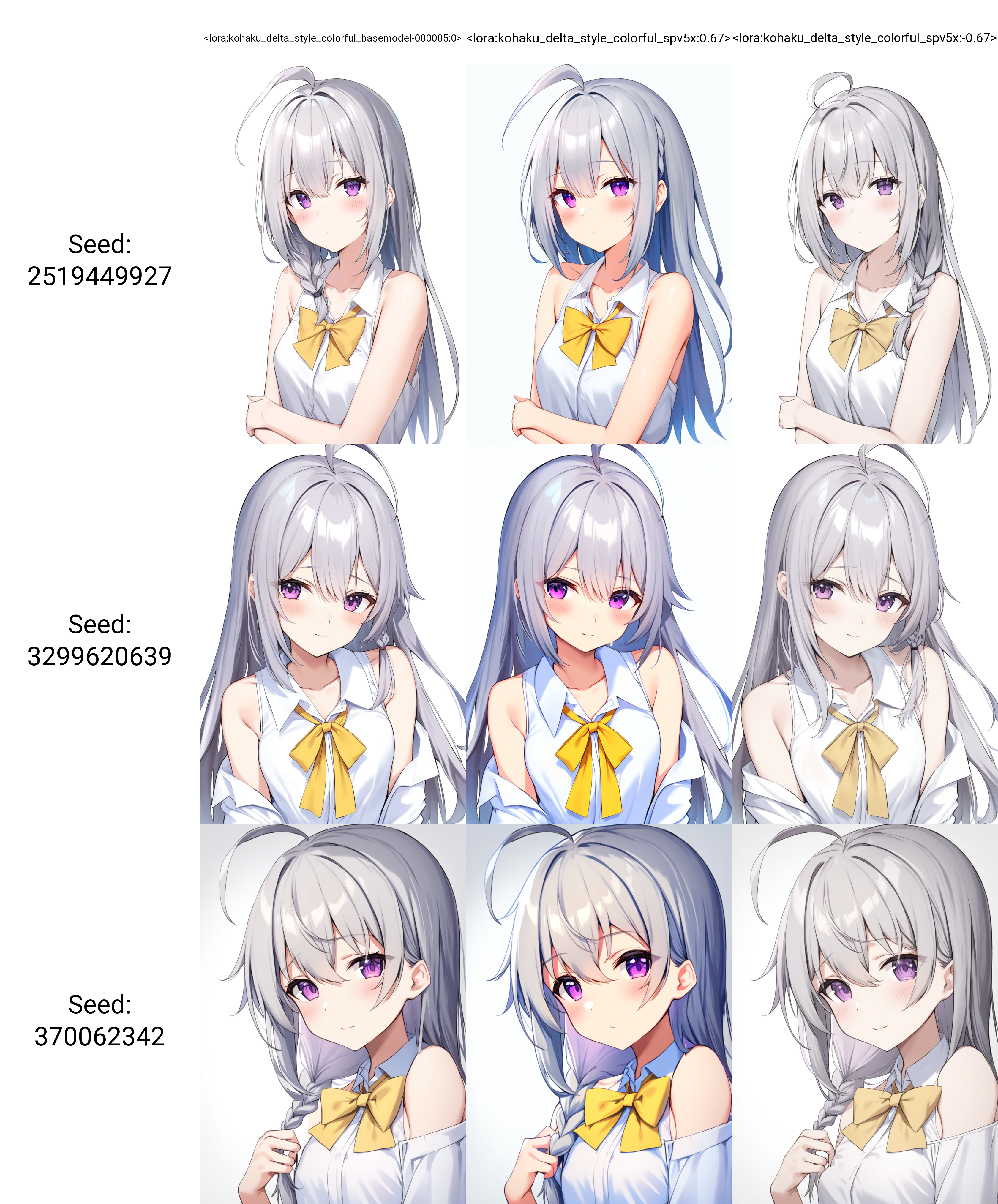 1girl,solo,long hair,looking at viewer,blush,bangs,simple background,white background,ribbon,hair between eyes,bare shoulders,closed mouth,purple eyes,collarbone,white shirt,upper body,ahoge,grey hair,open clothes,collared shirt,bowtie,off shoulder,sleeveless shirt,single braid,yellow bow,
masterpiece,best quality,absurdres,  
 <lora:kohaku_delta_style_colorful_basemodel-000005:0>