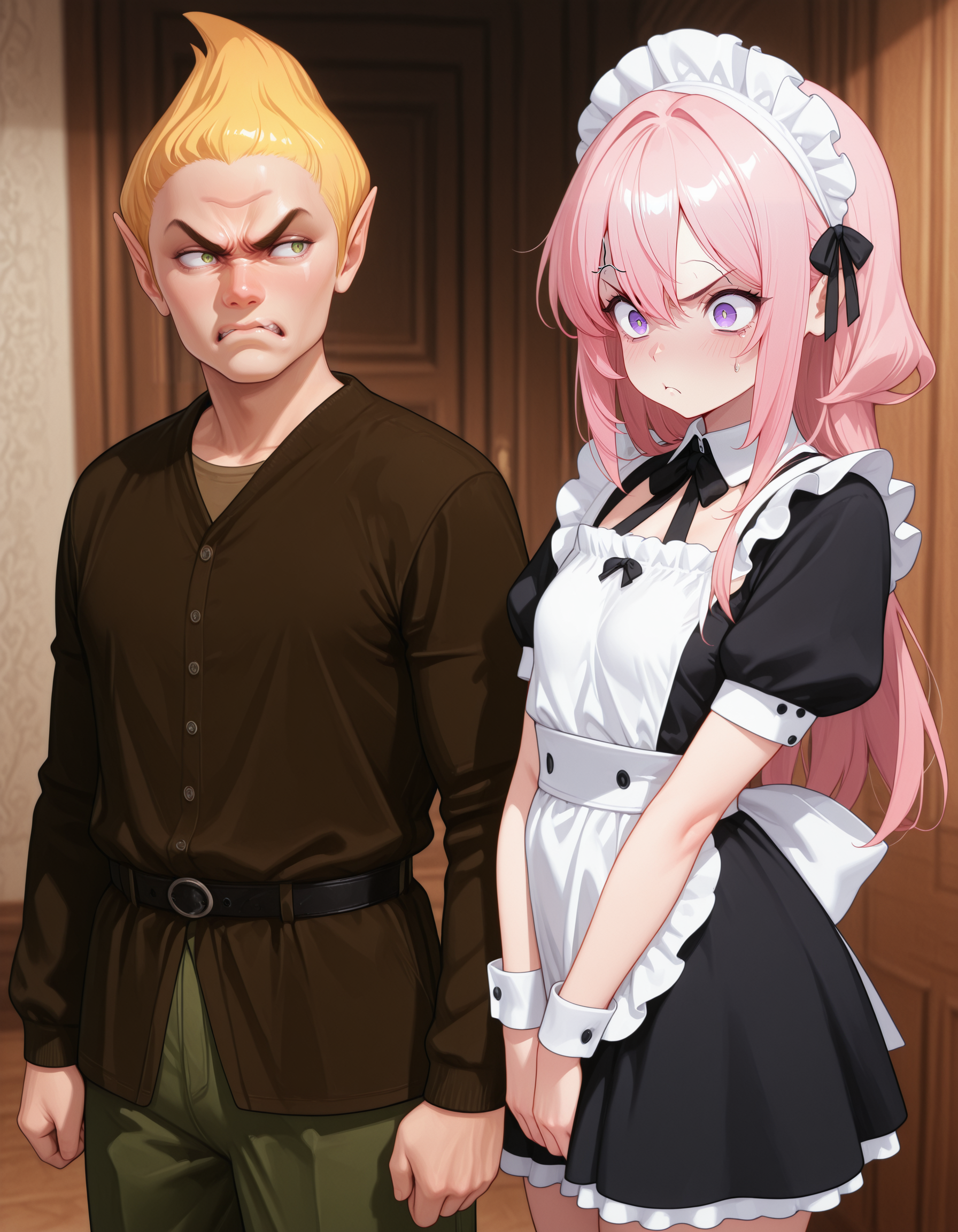 masterpiece, best quality, amazing quality, 1gir, 1boy,  , ,
<lora:adoringFan_illustrious_byJaneB:1>, byazura, , , brown shirt, green pants,1boy, angry, ,
1girl, CivChan, pink hair, maid uniform, , , <lora:CivChan:0.9>, neutral position ,
