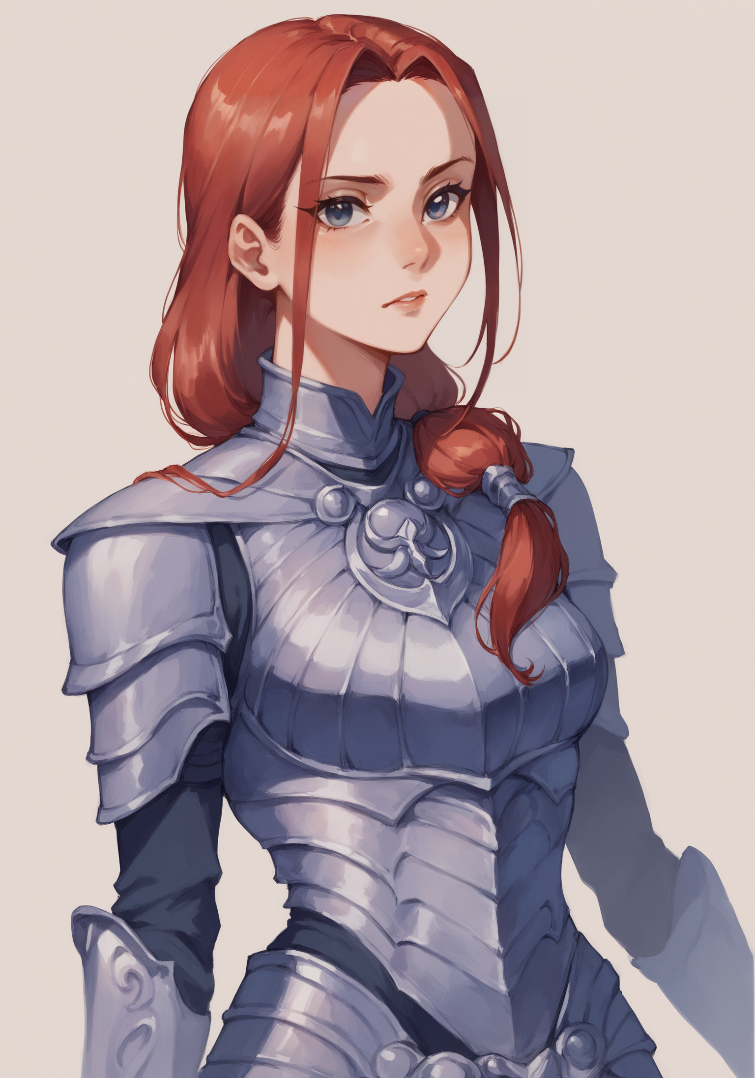 score_9, score_8_up, score_7_up, score_6_up, h4ruk4m1, 1girl, long hair, low ponytail, open forehead, n1ghtinga1e, armor, solo, solo, watercolor (medium), half body, simple background, retro artstyle,  <lora:n1ghtinga1e_armor:0.9>,