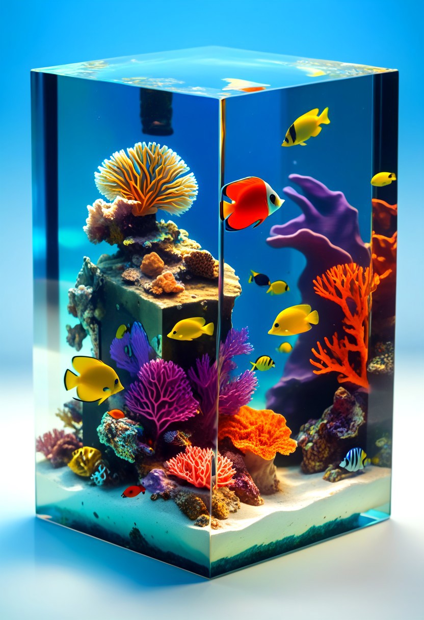 masterpiece, best quality, M1CR0CUB3D A miniature underwater world inside a clear cube, coral reefs, tropical fish, sunken treasure, vibrant colors, shimmering