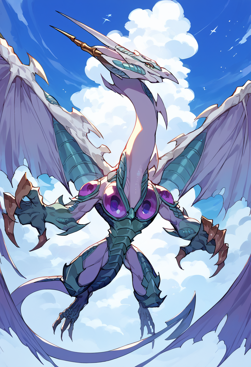 score_9,score_8_up,score_7_up,source_anime,zPDXL3,sky,star (sky),flying,cloud,
*//*,<lora:StardustDragon_Pony:1>,stardustdragon_ygo,no humans,solo,duel monster,dragon,wings,tail,claws,horns,soiled,
*//*,looking at viewer,cowboy shot,dutch angle,
