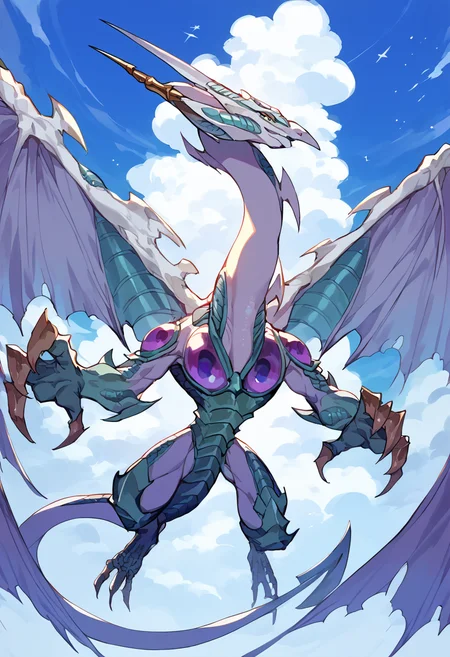 score_9,score_8_up,score_7_up,source_anime,zPDXL3,sky,star (sky),flying,cloud,
*//*,<lora:StardustDragon_Pony:1>,stardustdragon_ygo,no humans,solo,duel monster,dragon,wings,tail,claws,horns,soiled,
*//*,looking at viewer,cowboy shot,dutch angle,