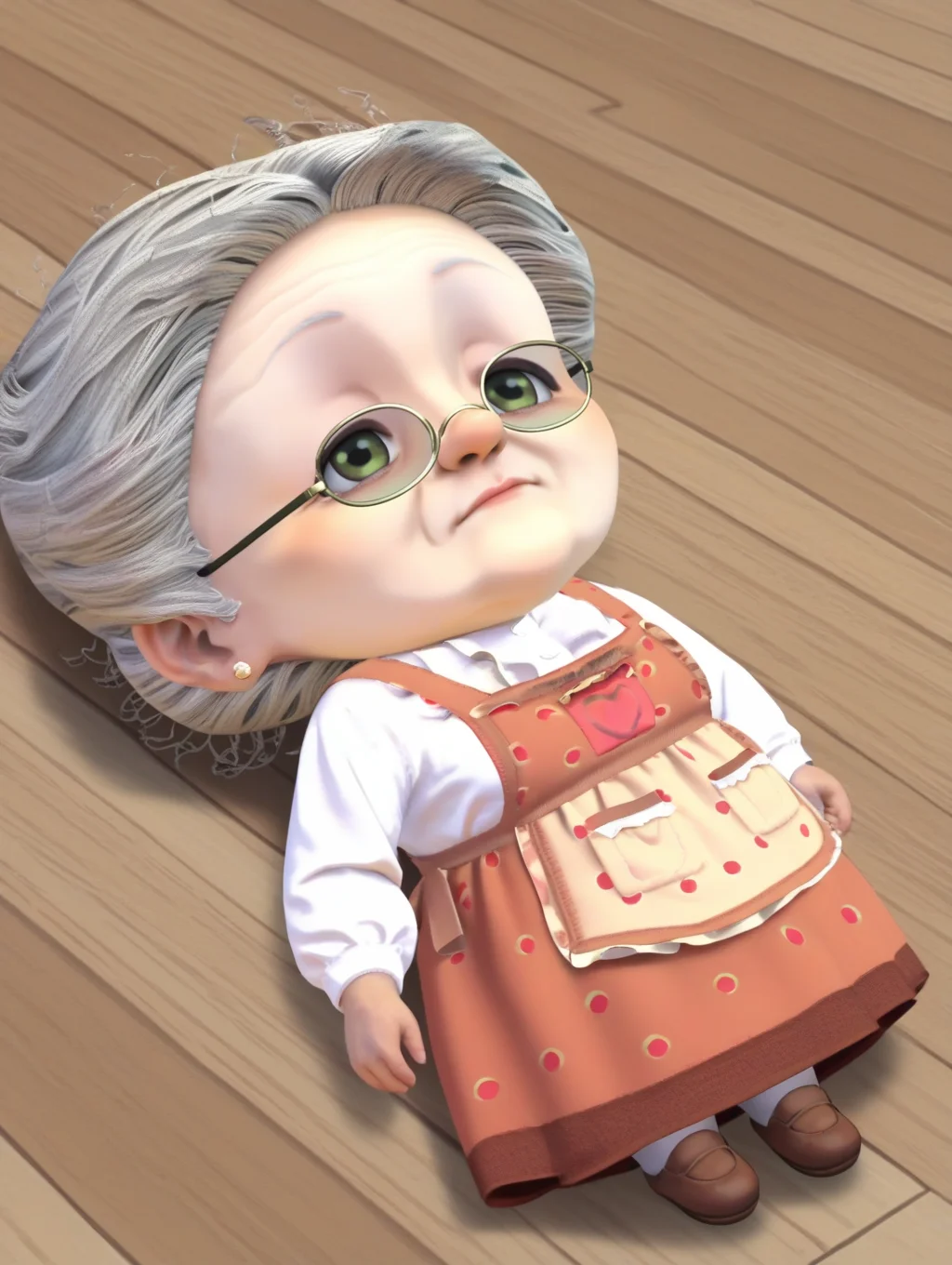 score_9, score_8_up, score_7_up, score_6_up, uncensored, source_anime, rating_safe,anime screencap,
BREAK,
solo,
<lora:vgrandmother:0.8>,vgrandmother, old woman, apron, long skirt, shirt, glasses, old,
, open eyes,
line art,
<lora:QiqiFallen_XLPD:1>,QiqiFallen, lying, on back, chibi,