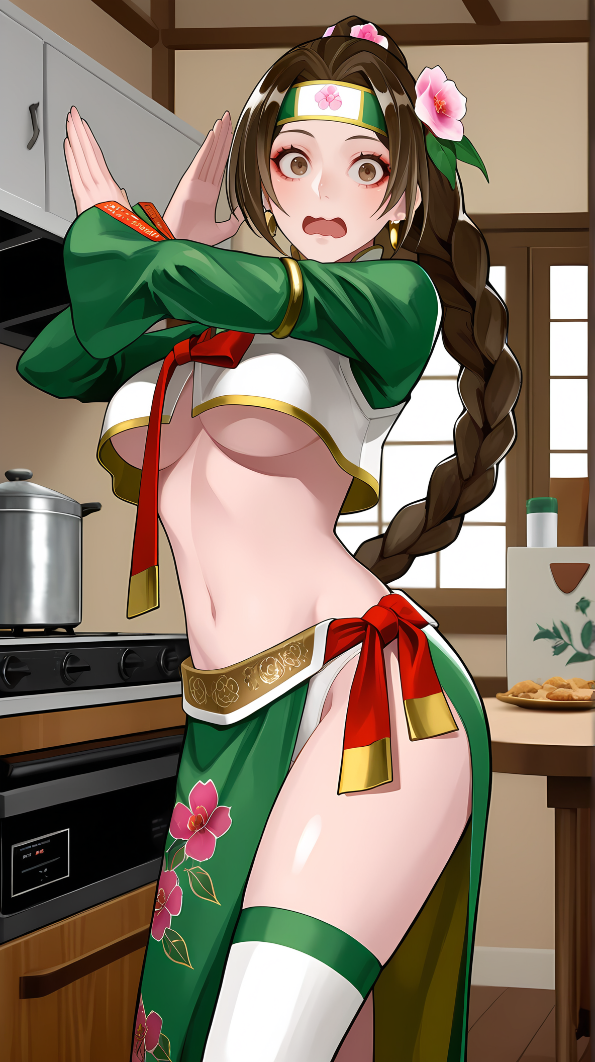 1girl, solo, lam \(ramdayo\),
 <lora:Seong_Mi-Na_SC4_Illu_Dwnsty:1>, mnseongsciv, brown eyes, brown hair, long hair, braided ponytail, long braid, long hair, headband, hair flower, hair ornament, jewelry, earrings, midriff, crop top, white vest, no bra, korean clothes, red necktie, norigae, jeogori (clothes), green sleeves, long sleeves, wide sleeves, underboob, white panties, single thighhigh, white thighhigh,navel, side slit, green sarong, floral print, surprised, wavy mouth, open mouth, bent back, arms spread wide, dramatic pose, x arms, 
detailed eyes, detailed body,
kitchen, table, chairs, window, stove, fridge, cozy, home, 
(masterpiece, best quality, aesthetic, detailed),