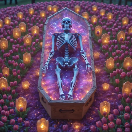 from above, coffin, grave, crowd, tulips, jaynl-tm, galaxy background, purple, blue, lightning, made of tulips, see through, skeleton,