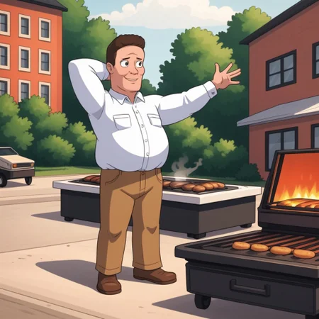 hank hill standing at a barbecue grill, outdoors on a sunny day, ((a giant propane molecule floats in the air)),