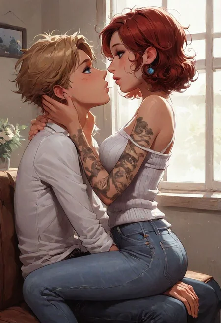 1girl, 1boy, pants, hetero, jeans, couple, window, looking_at_another, sitting, eye_contact, parted_lips, imminent_kiss, blue_eyes, sweater, from_side, indoors, jewelry, earrings, bare_shoulders, lips, medium_breasts, girl_forarm_tattoo,
girl red hair, girl short hair, girl straight hair,
boy short hair, boy curly hair, boy blonde hair, boy messy hair