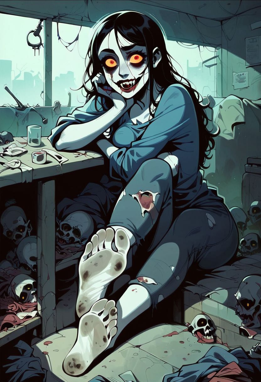 score_9, score_8_up, score_7_up, score_6_up, score_5_up, score_4_up,source_anime, 2d anime, zombie, zombie woman, zombie slut, sexy zombie, motion, erotic, porn, horror, dead eyes, interior, morgue, stretcher, fluorescent light, sitting, showing feet, perfect feet, perfect soles, dirty feet