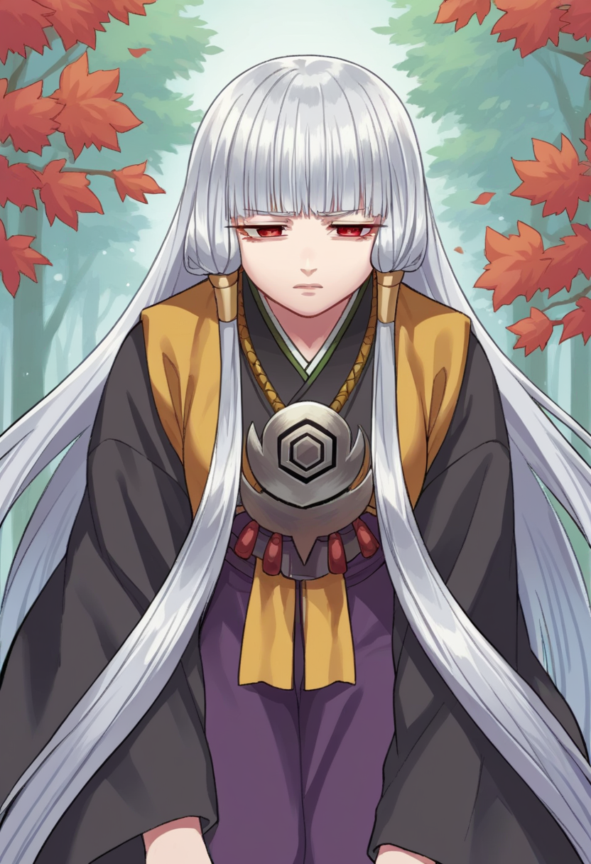 score_9, score_8_up, score_7_up, source_anime  BREAK    1girl, Uematsu Rikako, silver hair, long hair, two front braids, red eyes,  pendant, two yellow ribbons, black kimono, purple skirt, long skirt     <lora:RikakoPonyXLNoscale:1>