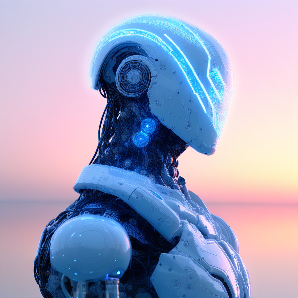 Image is a vertical, high-resolution digital artwork featuring a futuristic humanoid robot. The robot is depicted in a side profile, showcasing intricate mechanical details and a sleek, metallic exterior. The head is adorned with glowing blue lines and patterns, giving it a high-tech appearance. The robot's arm is semi-transparent, revealing a network of illuminated circuits and components that emit a soft blue light. The background is blurred, suggesting an outdoor setting with a soft, warm light, possibly during sunset. The overall aesthetic is highly advanced and cybernetic, emphasizing the blend of technology and artificial intelligence.