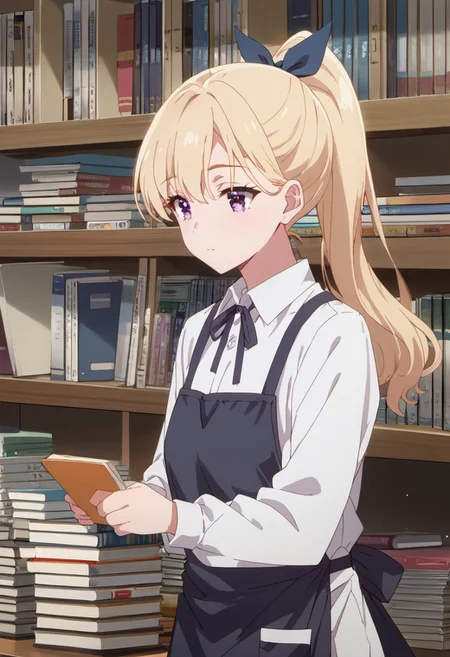 score_9, score_8_up, score_7_up, source_anime,ayase saki, blonde hair, purple eyes, 1girl, solo, apron, ponytail, ribbon, shirt, book, bookshelf, long hair, white shirt, indoors, hair ribbon