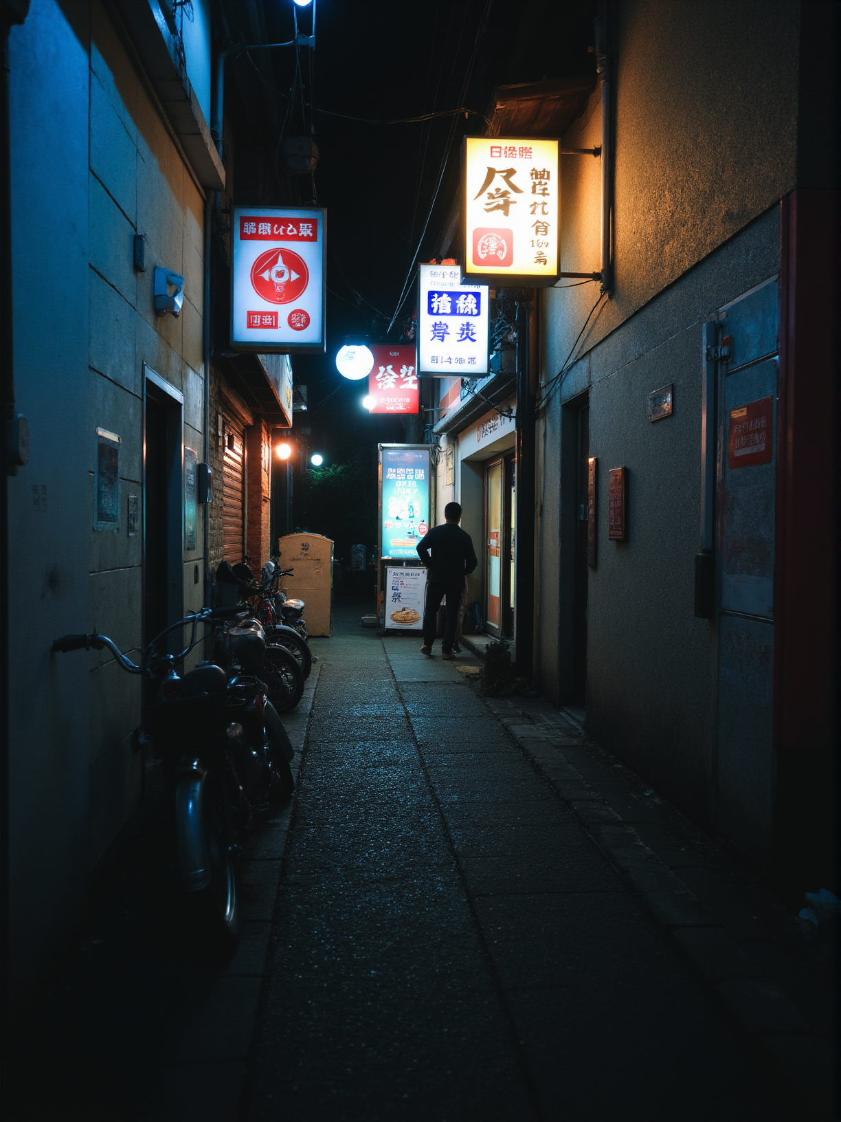 A nighttime scene of a narrow alleyway, likely in an Asian city, given the presence of a signboard with Japanese characters. The alley is illuminated by a warm, ambient light, casting a soft glow on the wet cobblestone path. A bicycle is parked to the left, and a person is seen entering the entrance of the establishment, possibly a shop or a restaurant. The walls of the alley are adorned with various signs and advertisements, predominantly in Japanese characters, and are painted in muted tones of blue, red, and gray. The atmosphere is quiet and intimate, with the play of light and shadow adding depth and drama.
