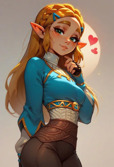 score_9, score_8_up, score_7_up, score_6_up, 1girl, solo, princess Zelda (breath of the wild) ,cute,  freckled face,(perfect round ass), slim waist, cute round face, lidded eyes, red cheeks , brown pants, clothes on, hourglass body,looking at viewer, lots of hearts, seductive eyes, safe for work