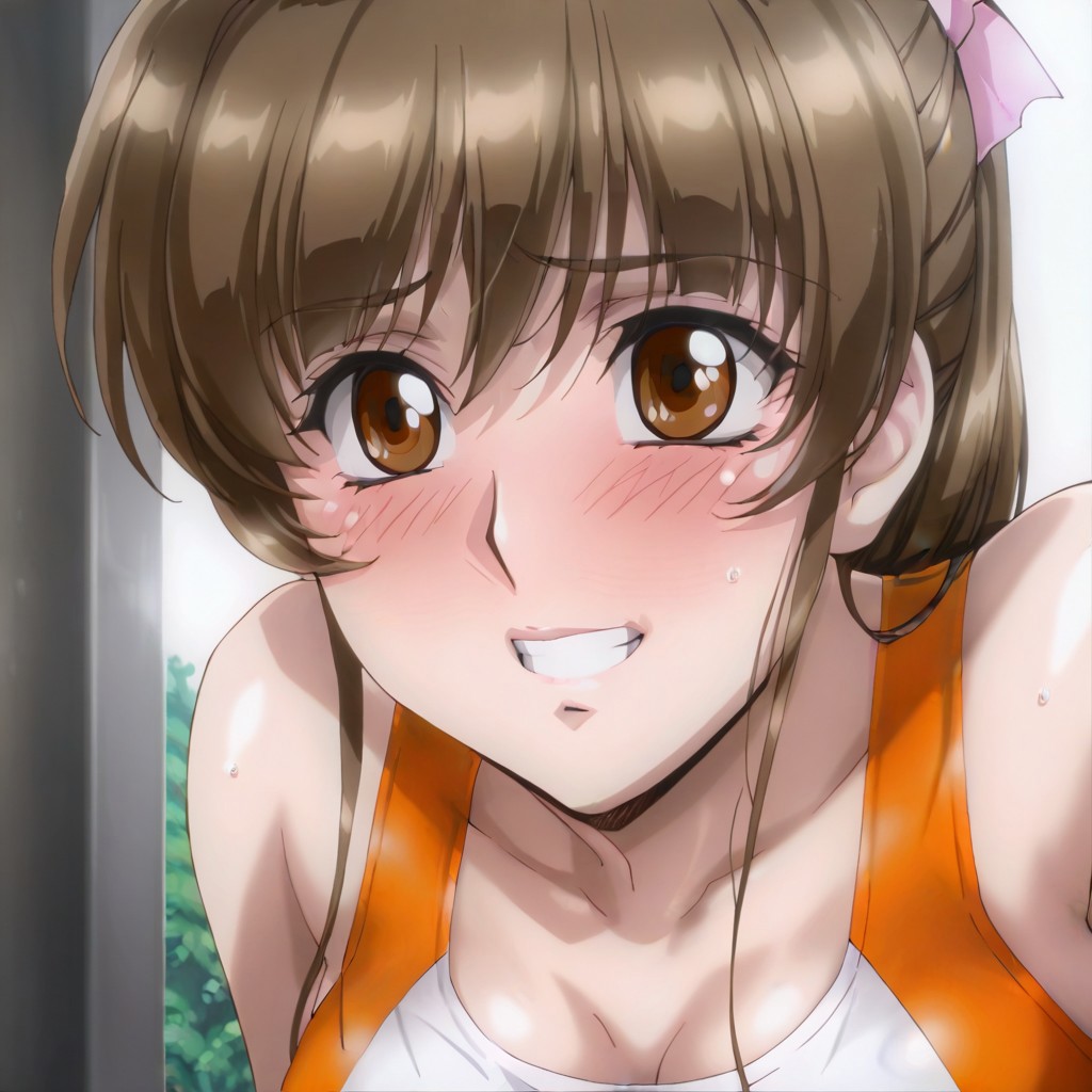 rating: pg, masterpiece, best quality, absurdres, highres, detailed background, <lora:hyperSD8:1>, (uru5h1h4r4), face focus,
SH1ZUK4SUN0H4R4, 1girl, brown hair, ponytail, white bow, hair bow, brown eyes, sunohara shizuka, bra outline, medium breasts, perky breasts, orange buruma, orange sports bra, sports bra, sports bikini, track uniform, (brown eyes, detailed eyes), embarrassed, blush, blushing, (full-face blush), shy, grin, happy, close-up,