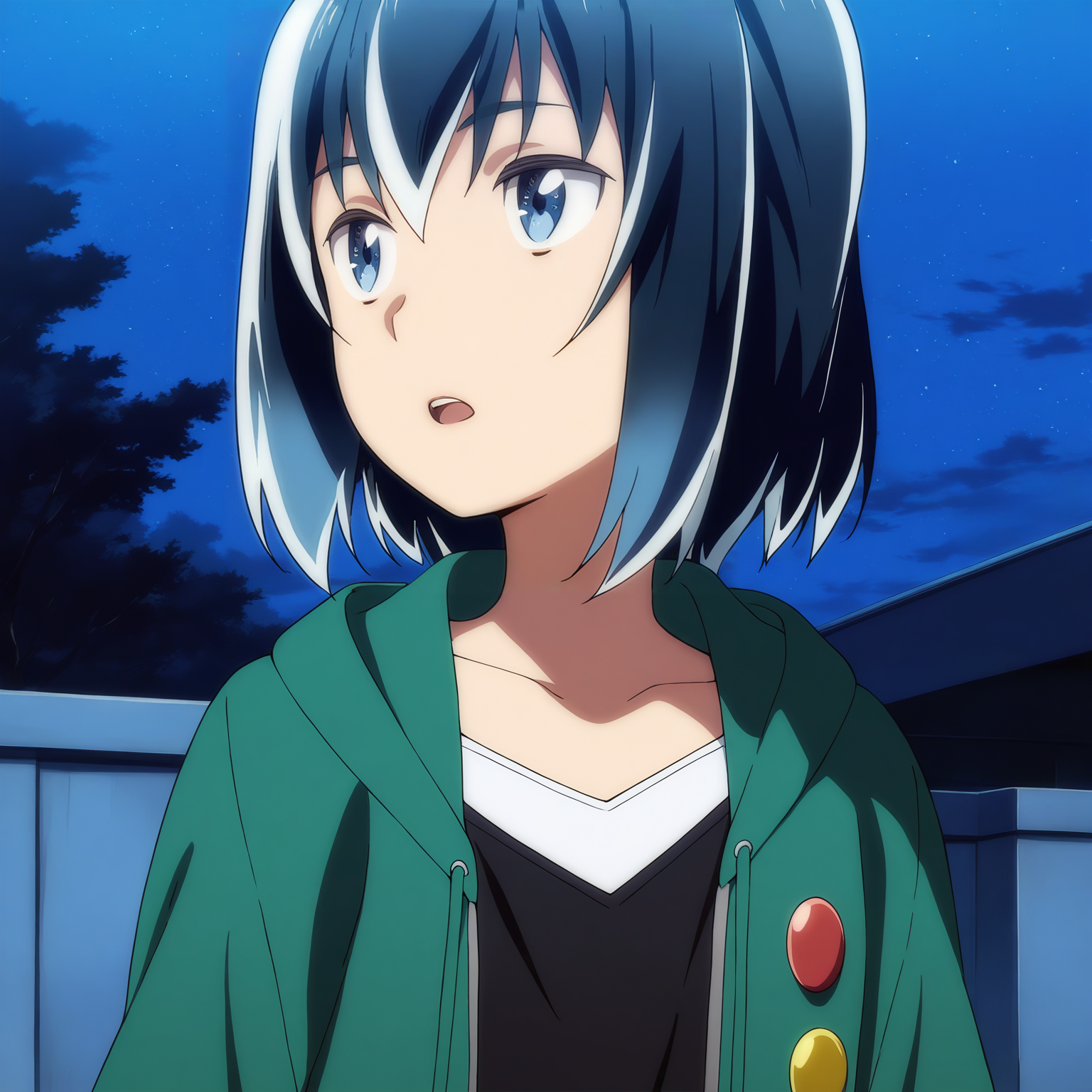 sharp focus, pixiv masterpiece, score_9, score_8_up,  source_anime, score_7_up, best quality, high res, absurd res, BREAK
 <lora:Hina_hinamatsuri_illustrious_v32:1>, hina_matsuri_il, 1girl, solo, short_hair, blue_hair, green_hooded_jacket, red_button, yellow_button, blue_eyes, black_vneck, white_trim, outside, night, clean background