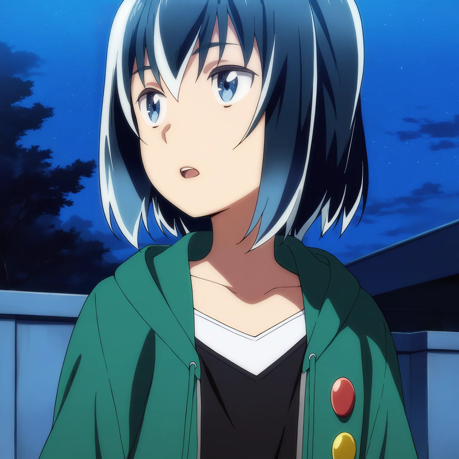 sharp focus, pixiv masterpiece, score_9, score_8_up,  source_anime, score_7_up, best quality, high res, absurd res, BREAK
 <lora:Hina_hinamatsuri_illustrious_v32:1>, hina_matsuri_il, 1girl, solo, short_hair, blue_hair, green_hooded_jacket, red_button, yellow_button, blue_eyes, black_vneck, white_trim, outside, night, clean background