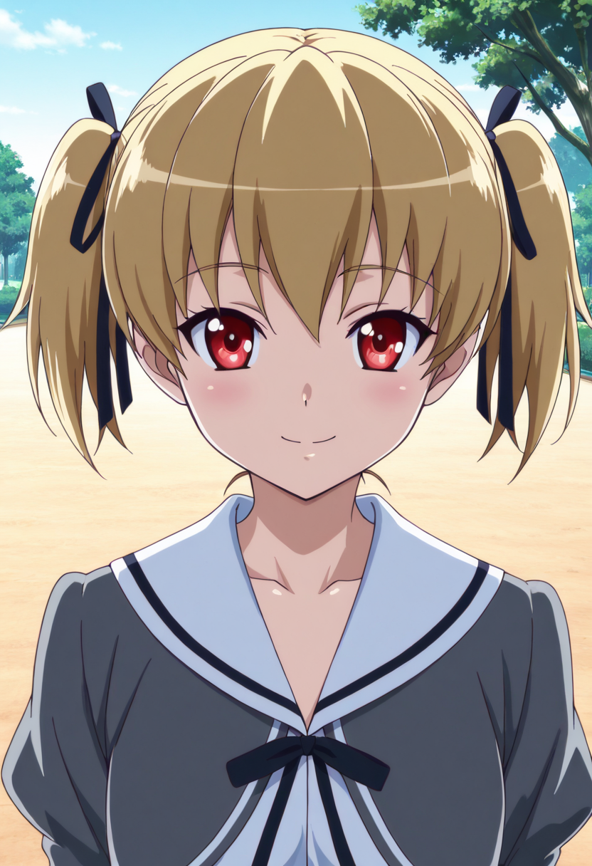 masterpiece, best quality, 1girl, solo, smile, looking at viewer,   1girl, solo, short hair, blonde hair, red eyes, ribbon, twintails, school uniform, hair ribbon, upper body, outdoors, serafuku, tree, short twintails ,anime screenshot,  ,    <lora:AkiSoraYumenoNaka_IXL:1.0>,