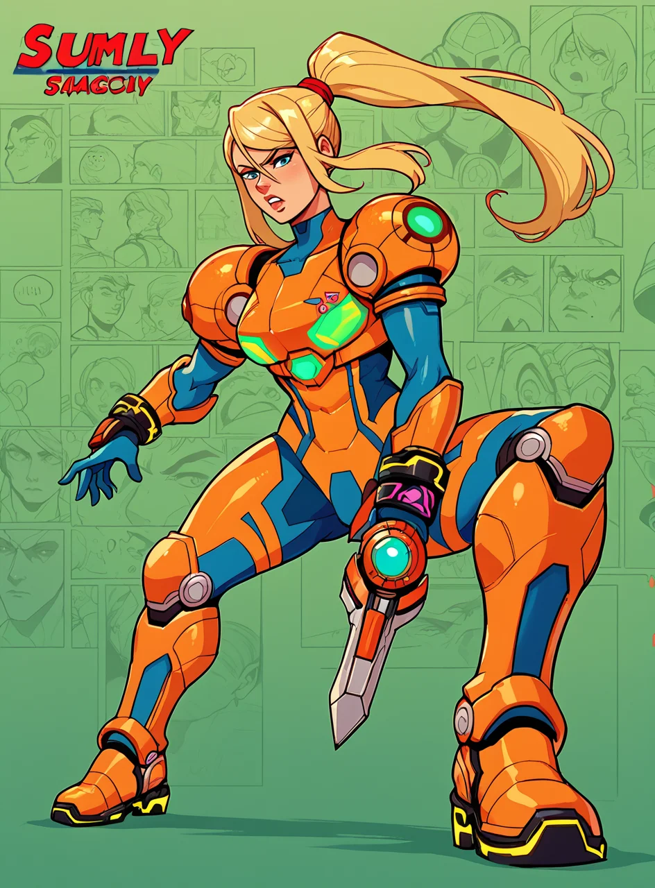 score_9, score_8_up, score_7_up, bullypxl, comic wallpaper, <lora:bullypxl:0.7>, green background, samus aran, orange armor, metroid,