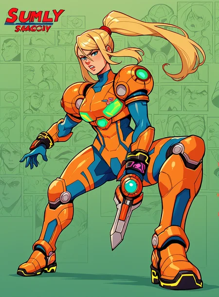 score_9, score_8_up, score_7_up, bullypxl, comic wallpaper, <lora:bullypxl:0.7>, green background, samus aran, orange armor, metroid,