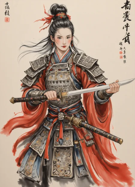 zydInk, a Chinese girl wearing Chinese armor, holding Chinese sword
