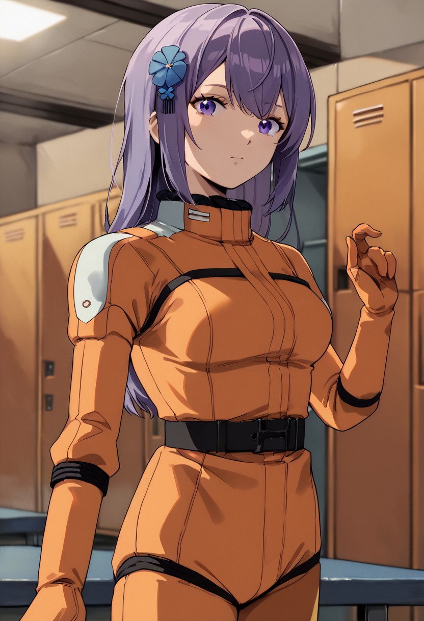 zPDXL3, asano_ruri, purple eyes,  long hair, purple hair, hair ornament,  virtual youtuber,bangs,hair flower, medium breasts,orange spacesuit, orange gloves, grey belt,cowboy shot, locker room, looking at viewer