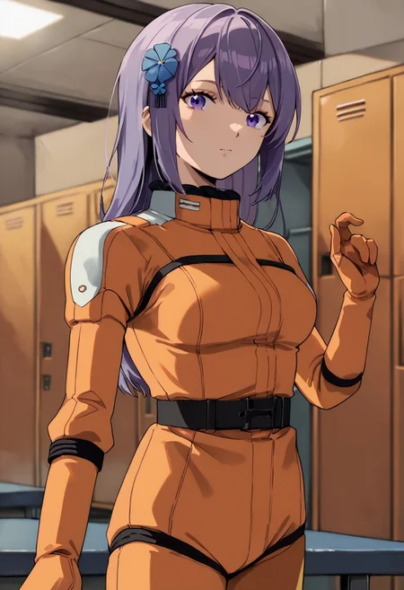zPDXL3, asano_ruri, purple eyes, long hair, purple hair, hair ornament, virtual youtuber,bangs,hair flower, medium breasts,orange spacesuit, orange gloves, grey belt,cowboy shot, locker room, looking at viewer