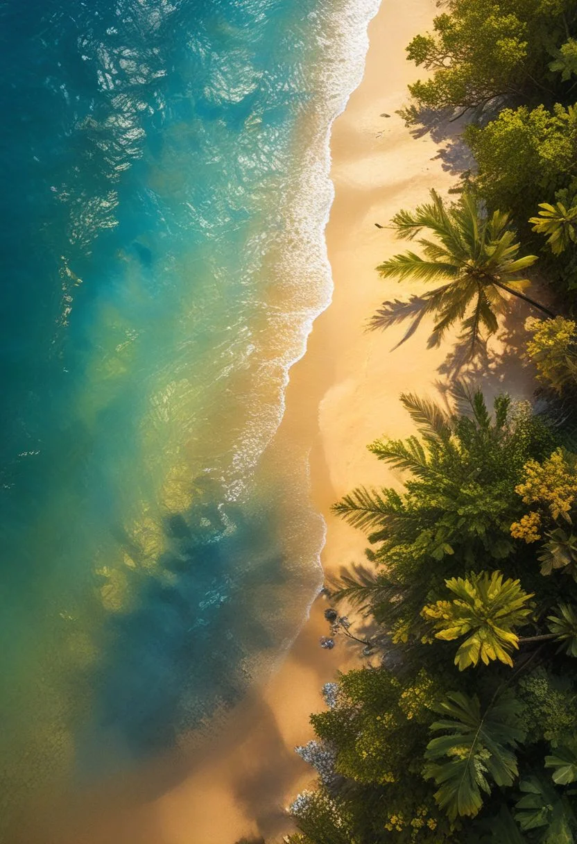 A breathtaking panoramic view of the Andaman Beach, its serene blue waters stretching as far as the eye can see, merging seamlessly with the cerulean sky above. The golden sandy shore is lined with an abundance of lush green palm trees, their fronds swaying gently in the warm ocean breeze. A narrow strip of soft, powdery sand invites you to take a leisurely stroll, feel the grains of sand slipping through your toes, or simply lie back and soak up the sun's rays.
The gentle waves caress the shore, creating a soothing soundtrack to this tropical paradise. In the distance, one can see the verdant hills rising up, adorned with vibrant foliage, and the occasional swaying coconut tree, casting long shadows across the landscape. The air is filled with the intoxicating scent of the salty ocean and the heady fragrance of exotic flowers, creating an aura of calm and serenity that is truly unparalleled.